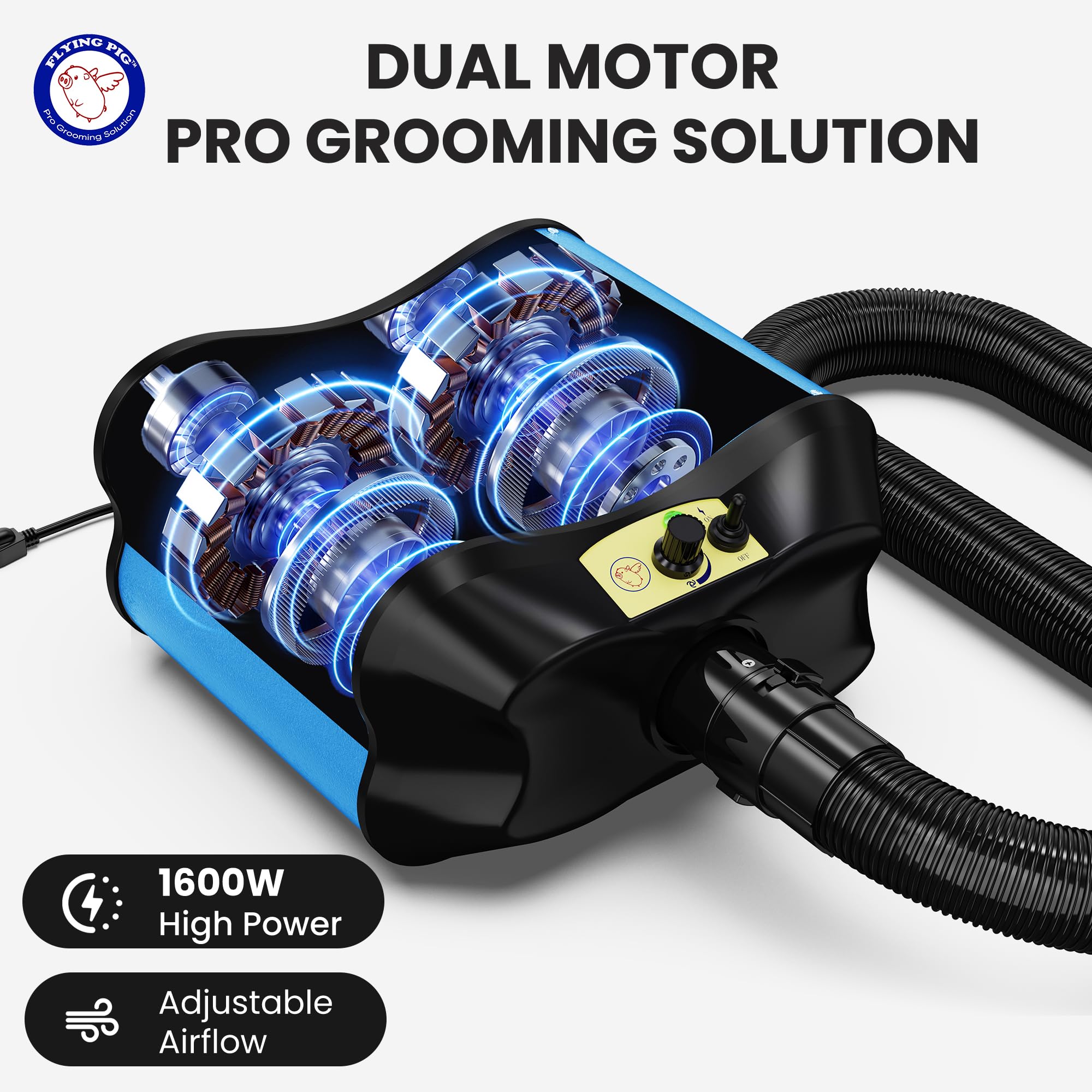 Flying Pig Grooming dryer dual-motor setup enables robust airflow for thick fur
