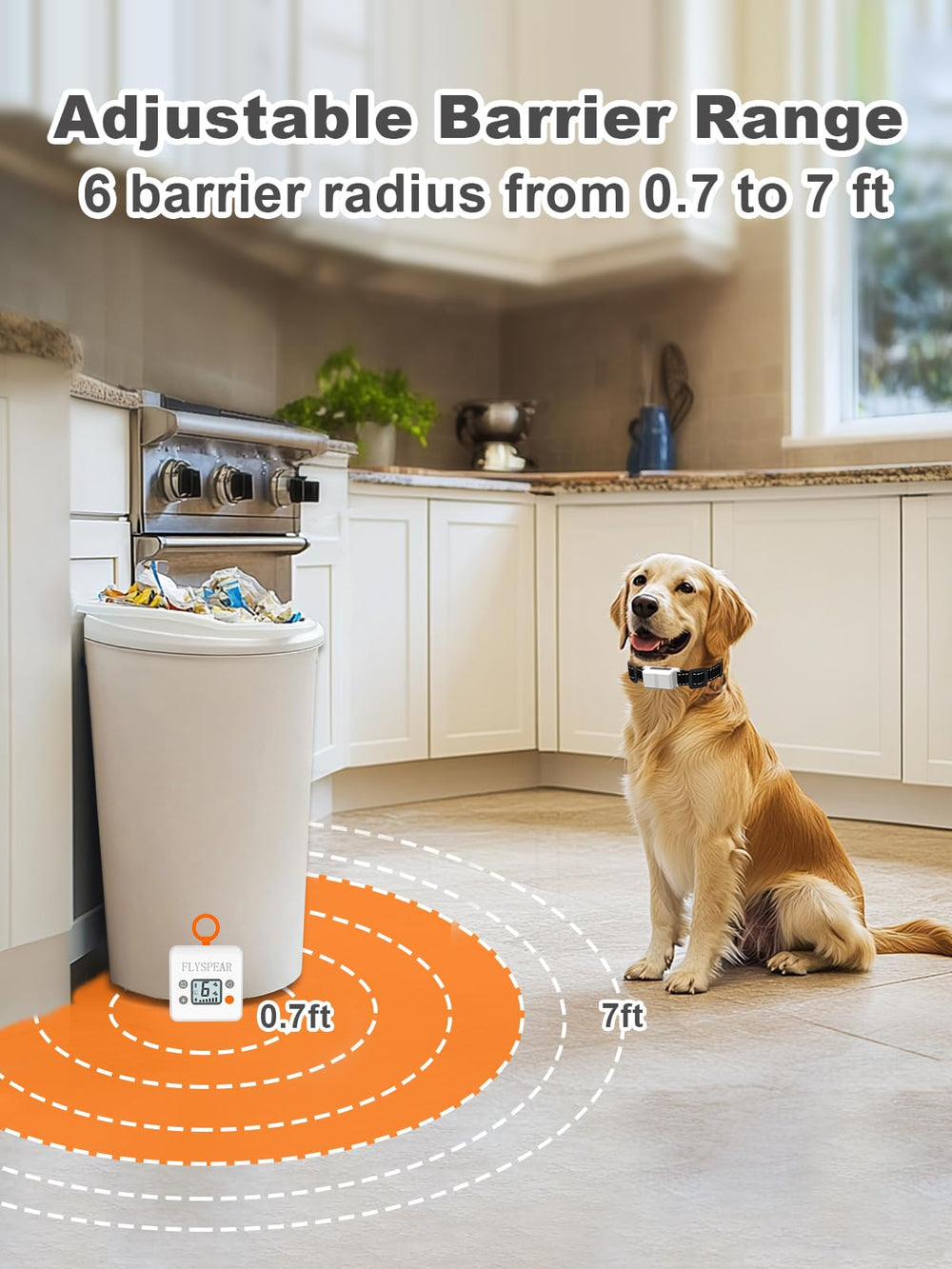FLYSPEAR barrier range adjustment image highlights 0.7–7 ft flexibility.
