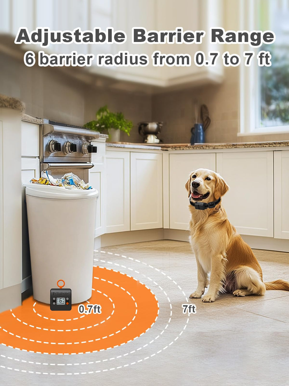 FLYSPEAR barrier range dial highlights 0.7 to 7 ft adjustable boundary.