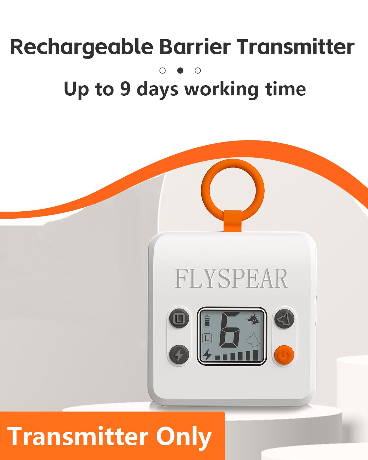 FLYSPEAR barrier transmitter shown mounted or laid flat for versatile placement.