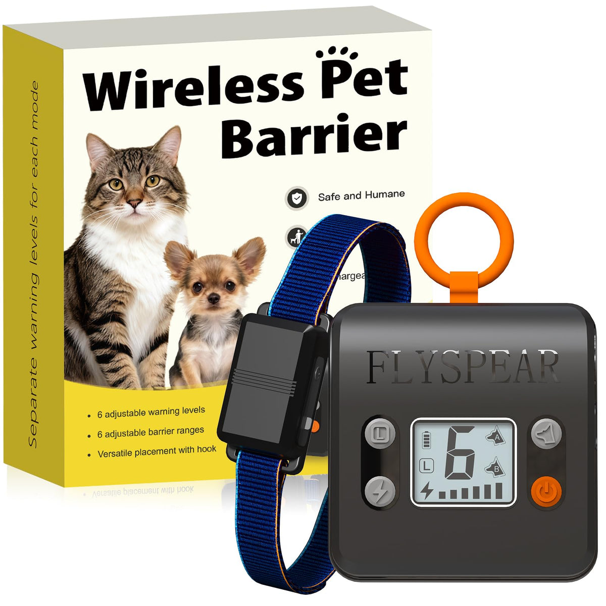 FlySPEAR wireless barrier collar on a cat enabling safe area training.
