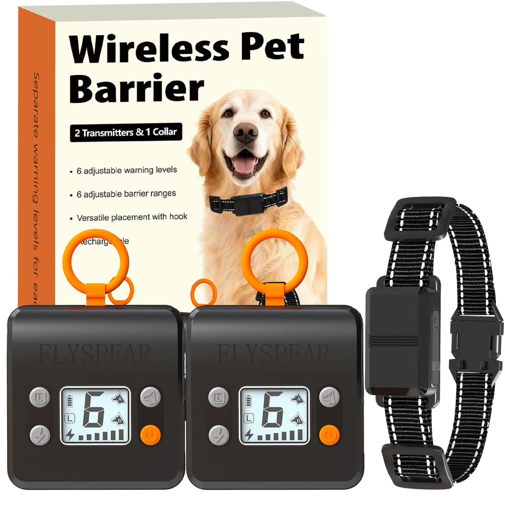 FLYSPEAR wireless barrier with two transmitters and hook for versatile placement.