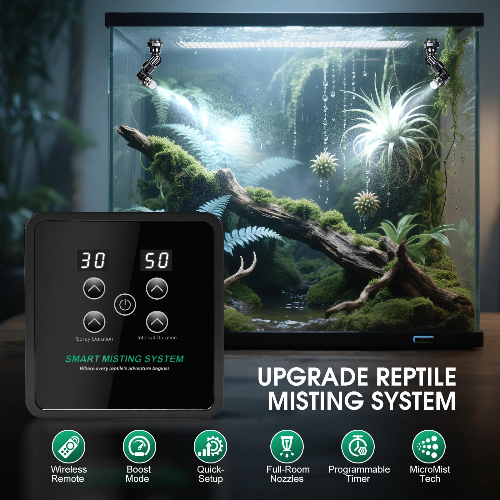 FMATOZ Reptile Mister adjustable angles target basking zones.