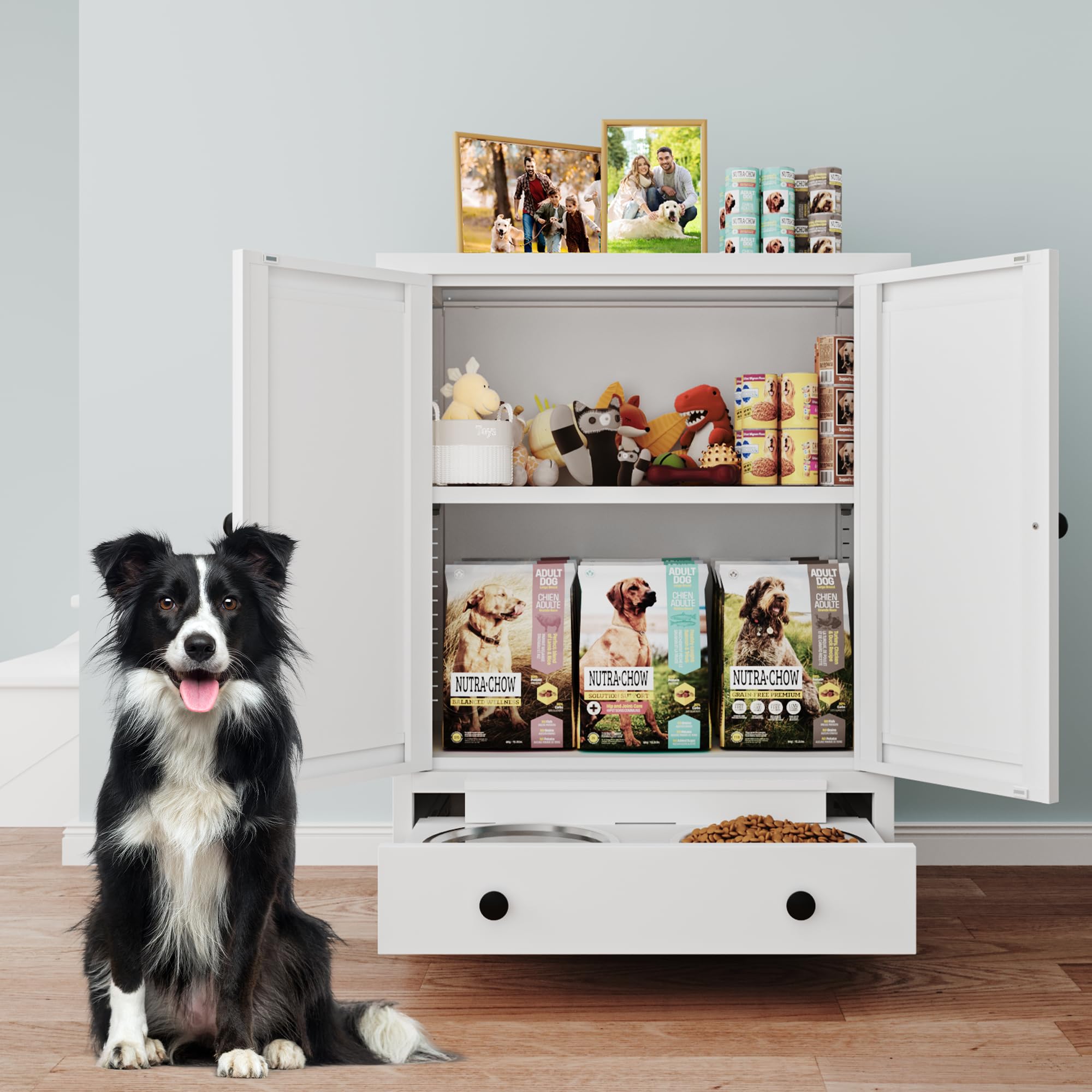 Fmlud all-in-one pet feeder stores bowls and toys