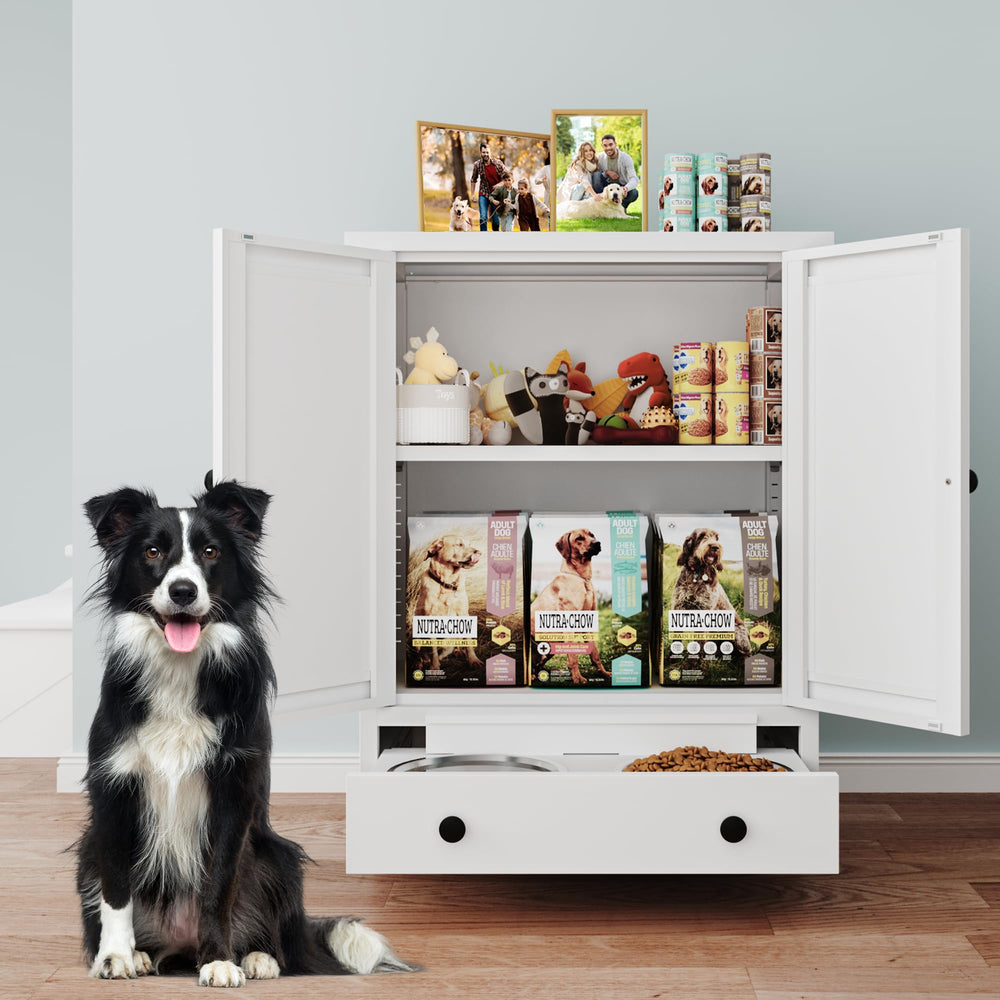 Fmlud all-in-one pet feeder stores bowls and toys