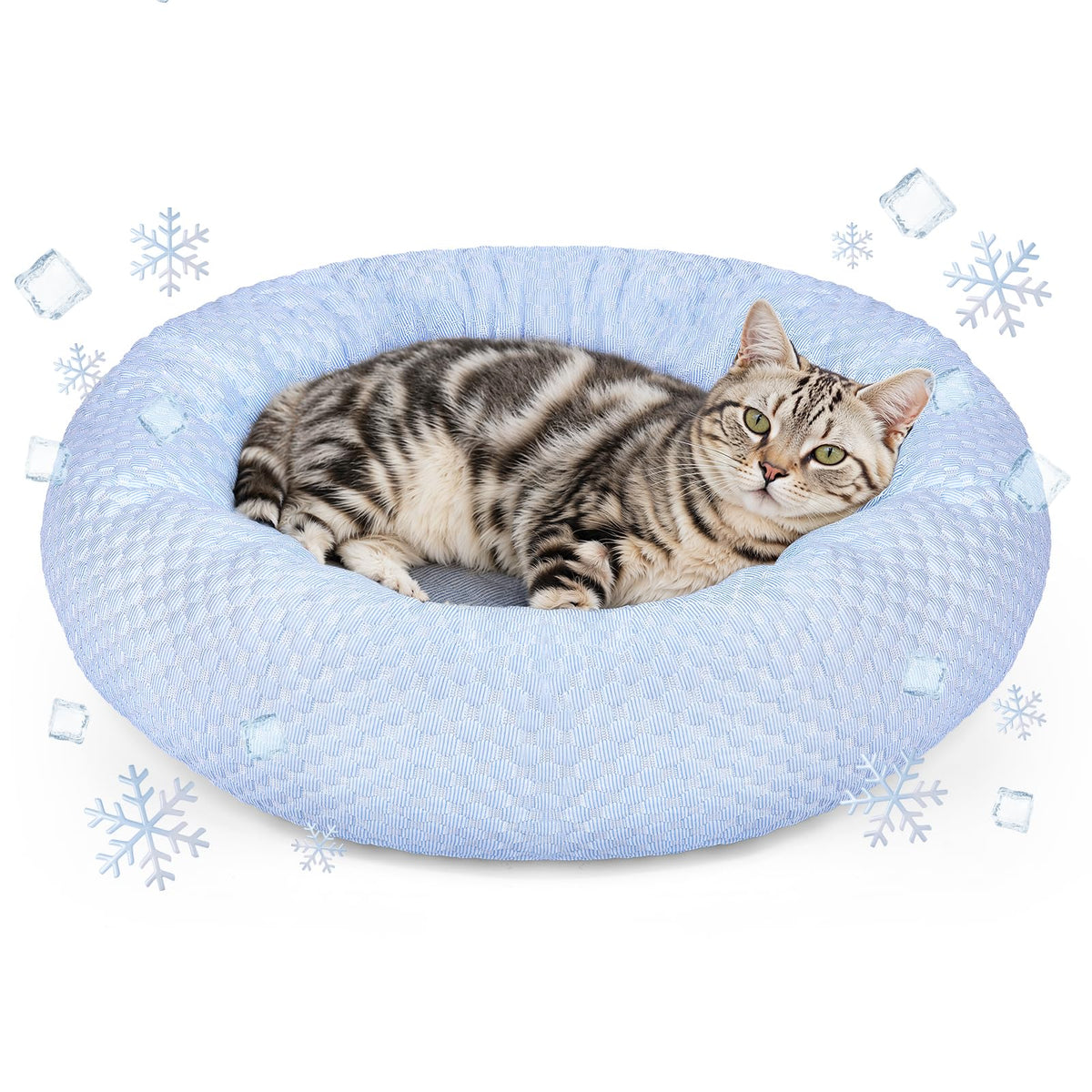 Foamio small donut bed with ice fabric for cooling comfort on hot days.