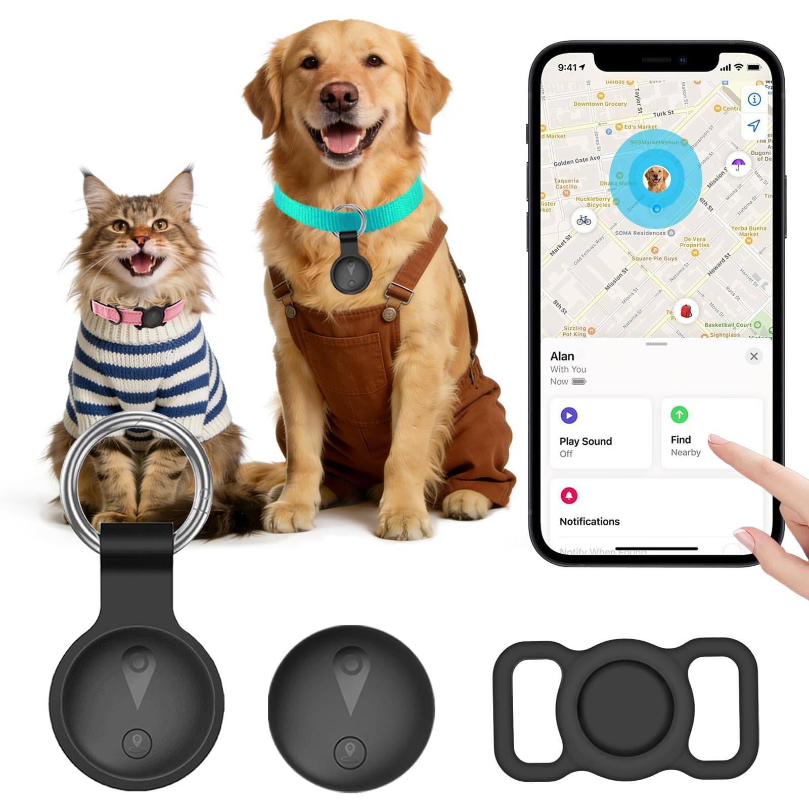 Focushine pet GPS tracker for dogs and cats shows real-time location for quick checks.