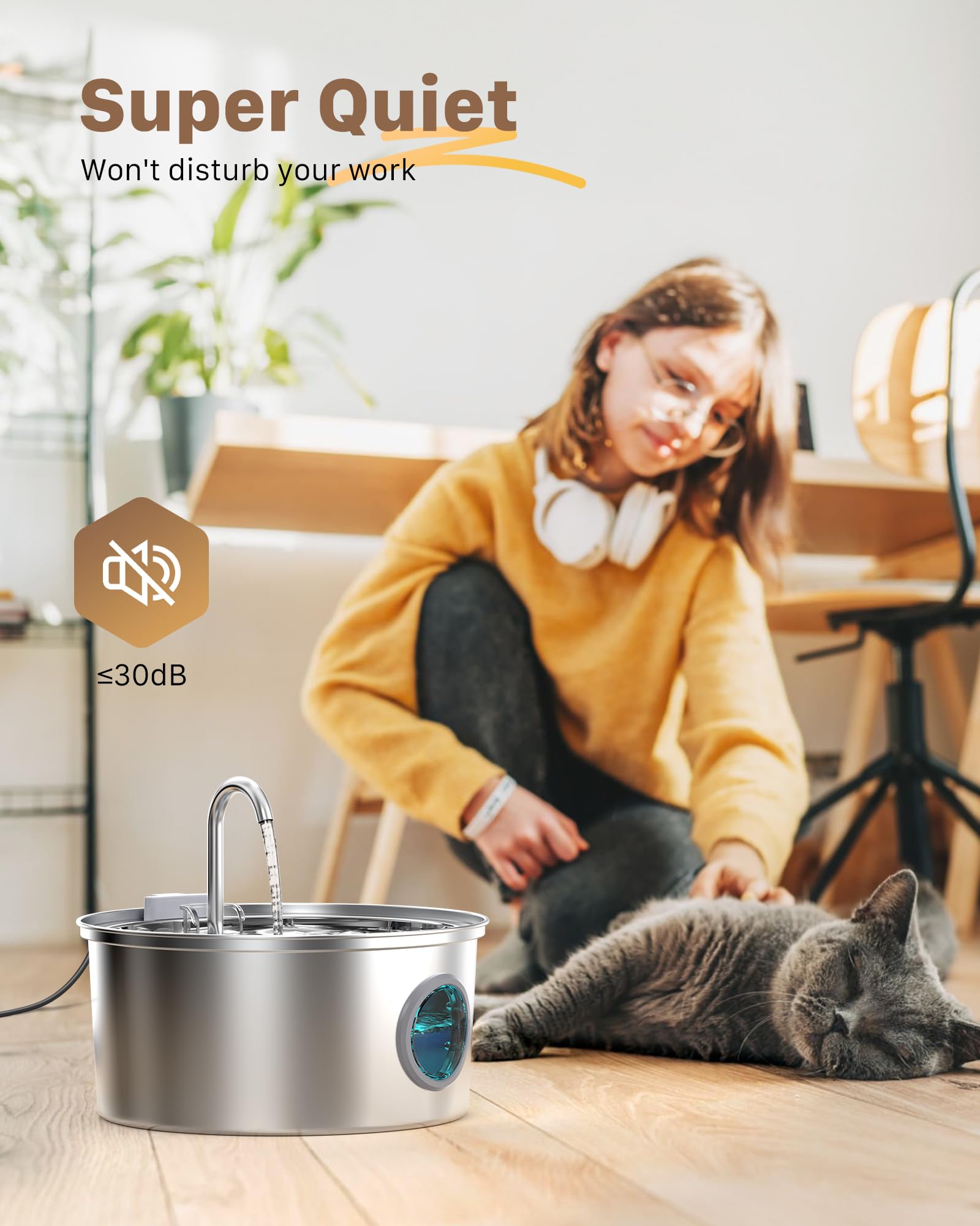 FOFNON cat water fountain close-up carbon filter shows purified, clean-tasting water