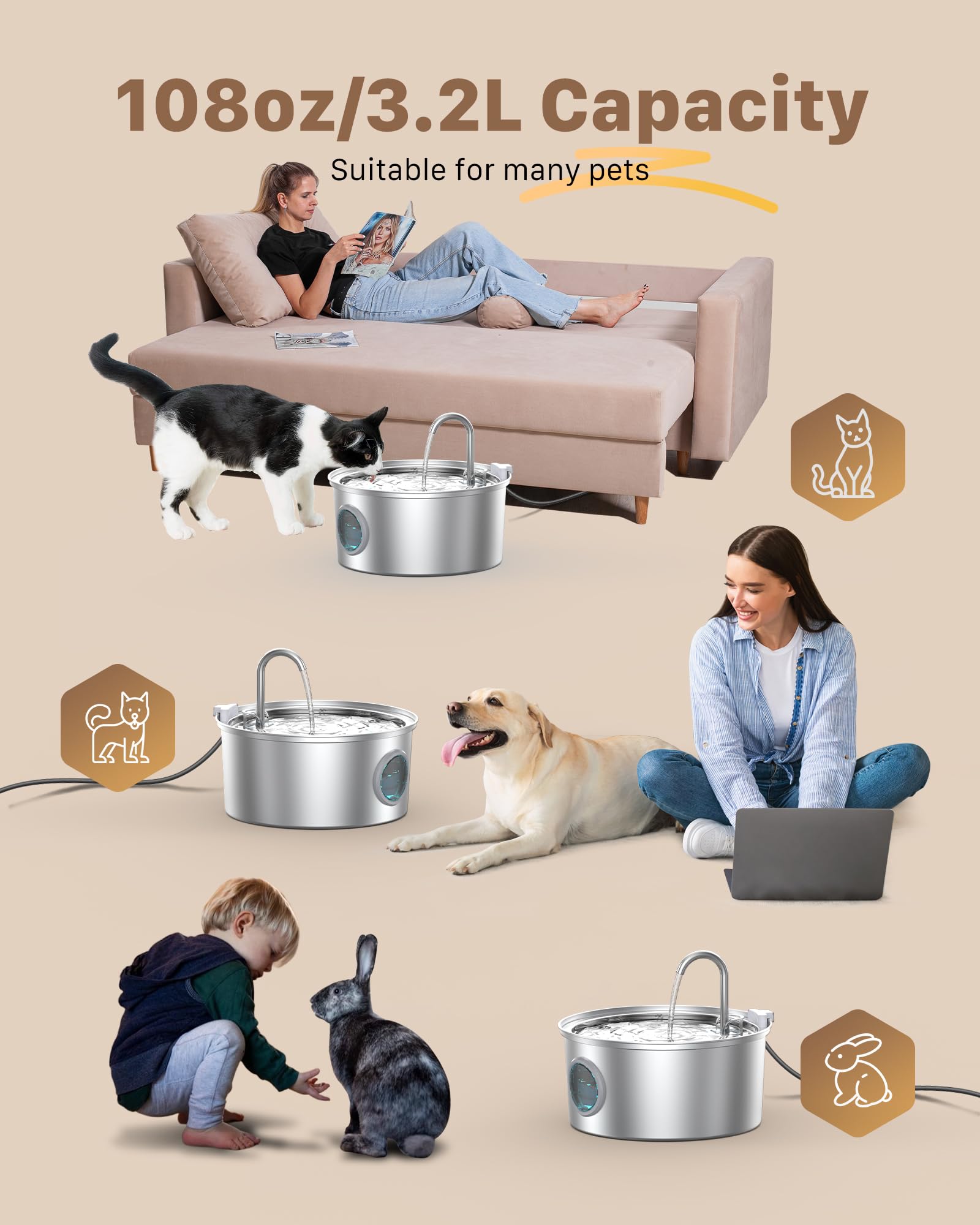 FOFNON cat water fountain quiet operation keeps background noise near silence