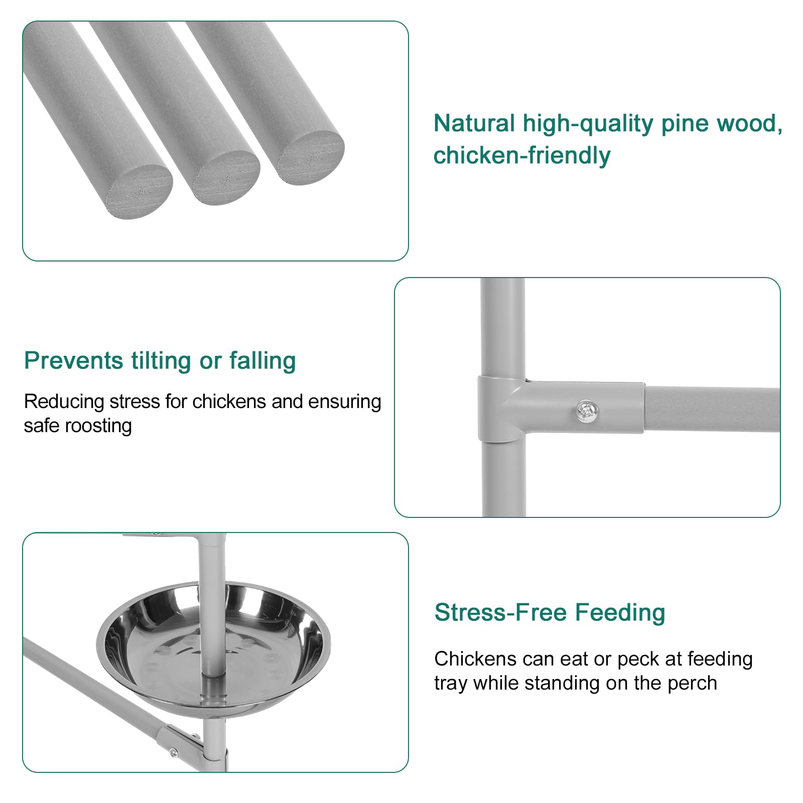 Fogein chicken perch anti-tip design keeps the perch steady in busy coops.