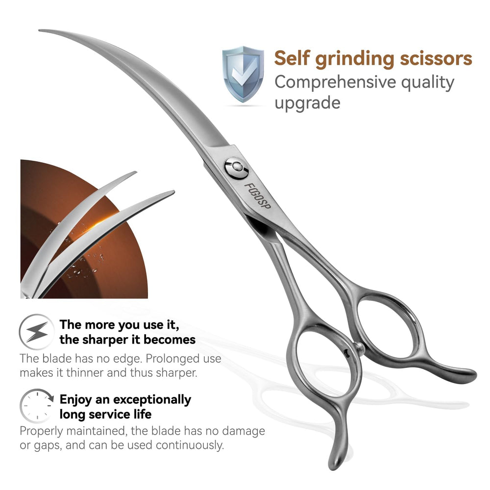 FOGOSP VG10 steel curved dog scissors deliver durable edge for efficient grooming.