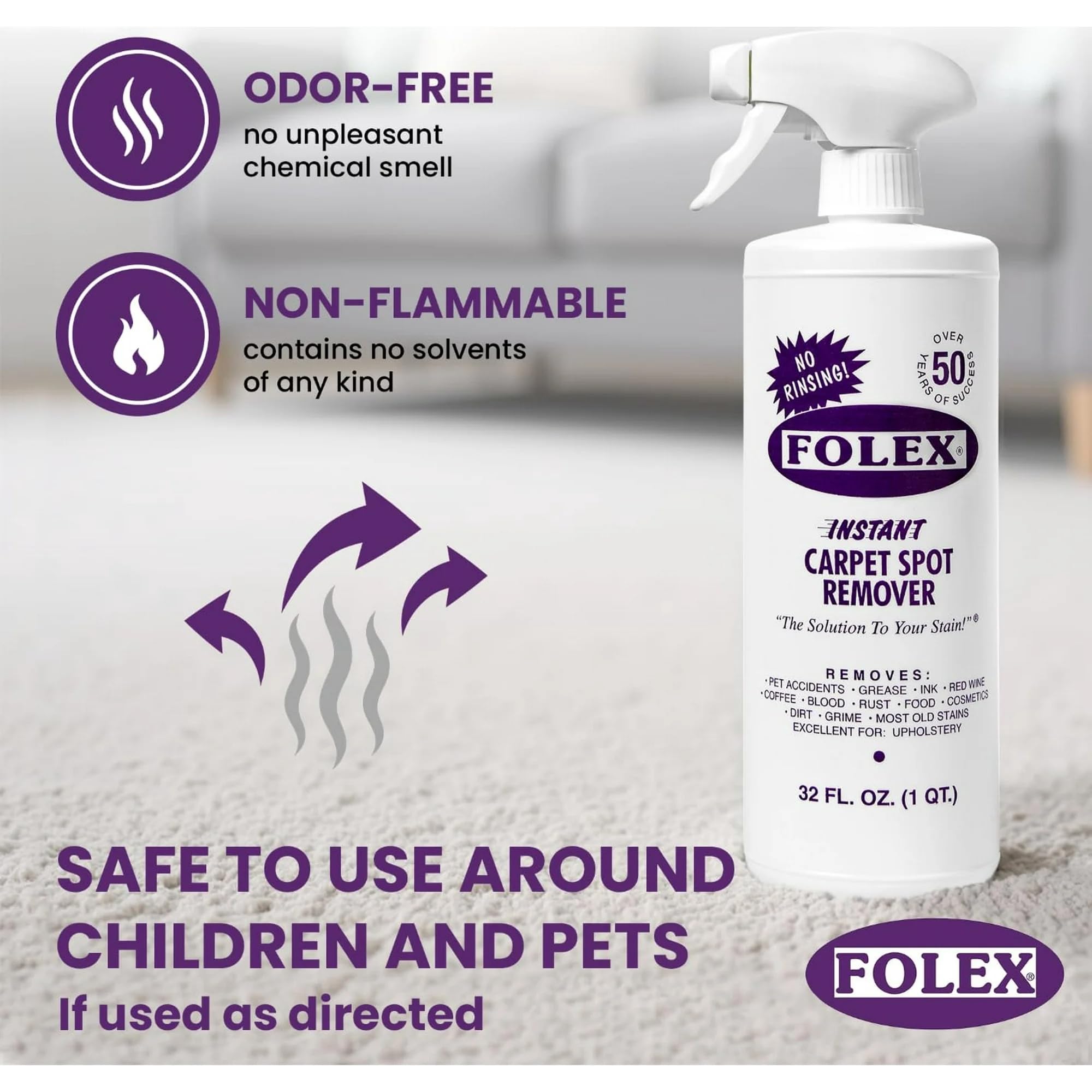 FOLEX Instant Stain Spot on carpet cleanup close-up removes grease quickly