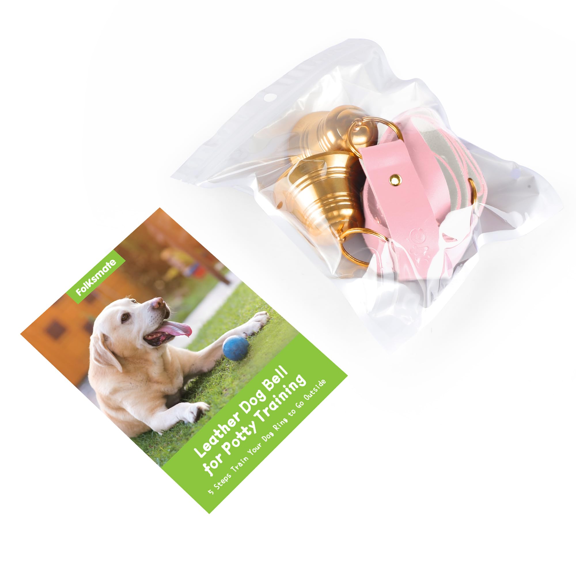 FOLKSMATE packaging display of pink leather dog door bells