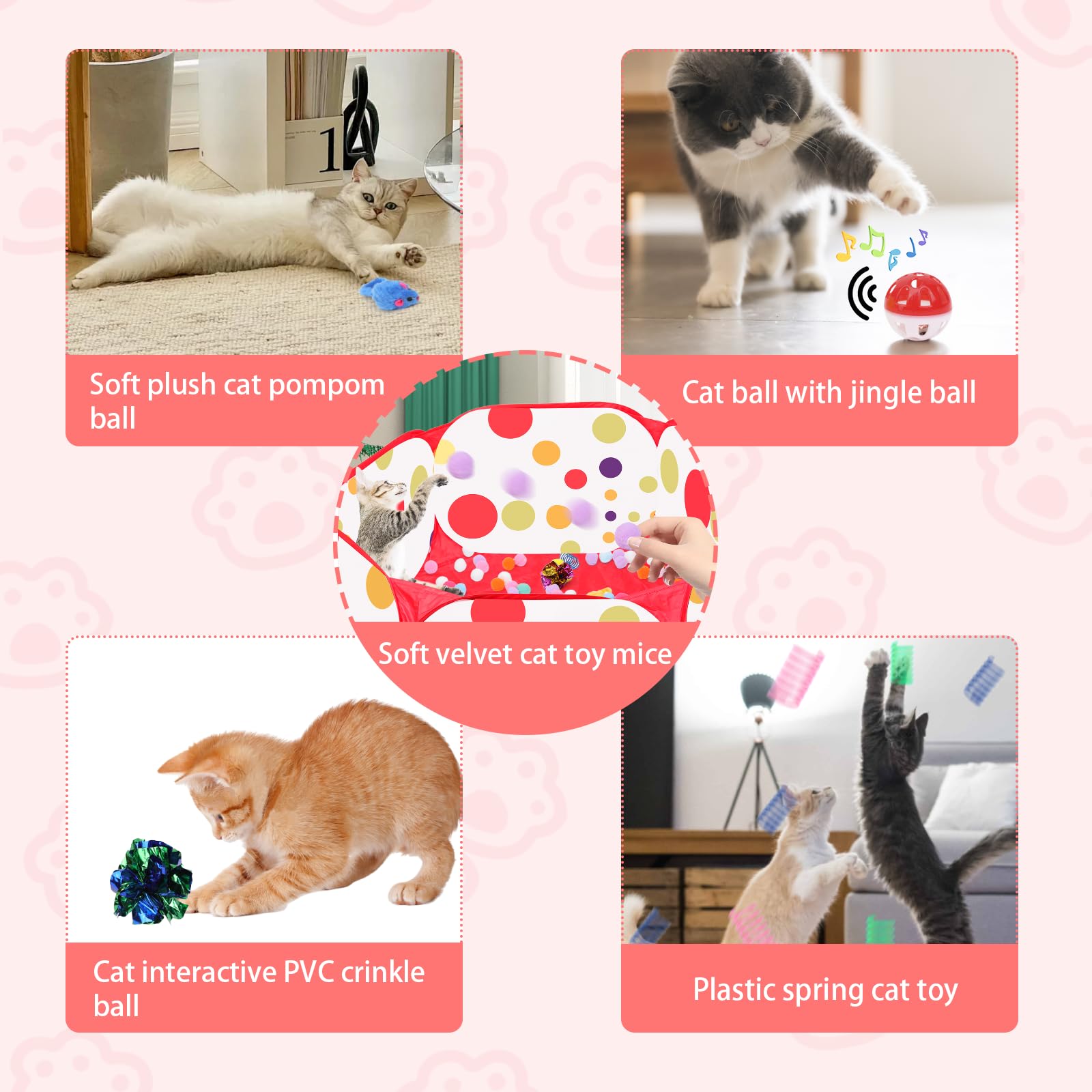 Fooind jingle balls in the set invite curious indoor cats to pounce and play.