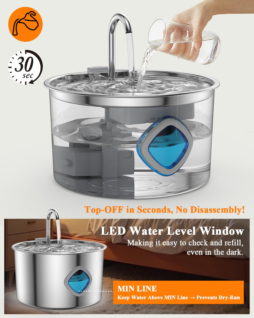 FOOPOMARY LED water level window helps refill in low light.