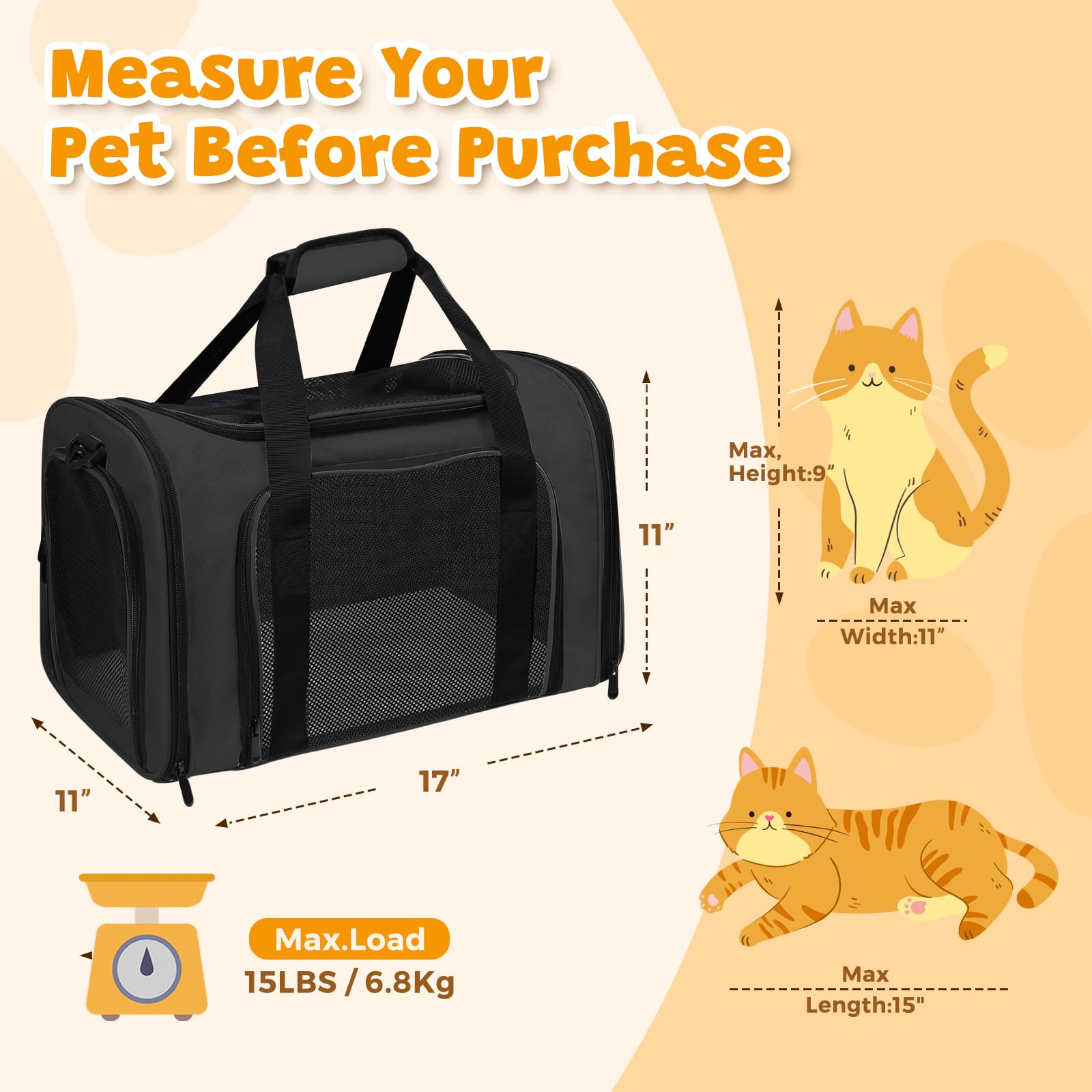 FOORLON soft cat carrier airline-approved for convenient in-flight pet transport.