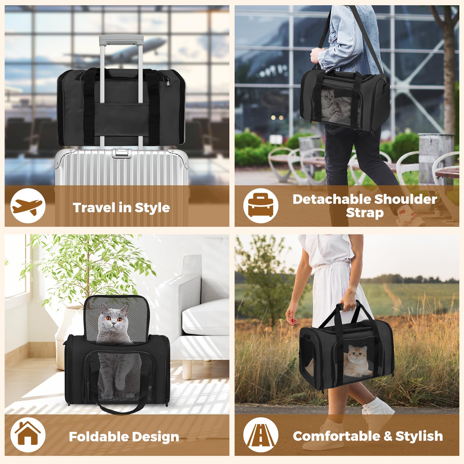 FOORLON cat carrier soft top and side loading for easy access.