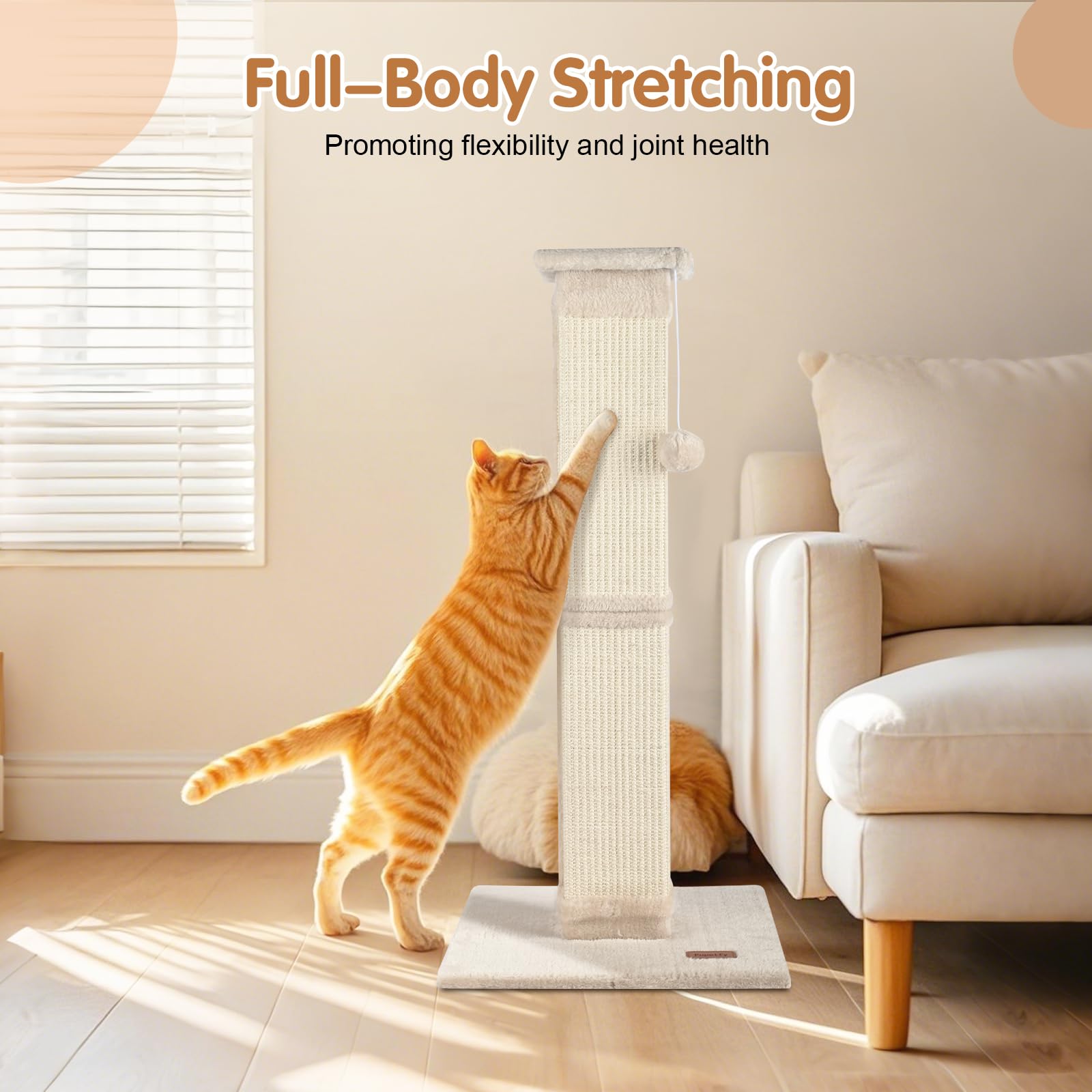 Fopetfy active cat stretching on the 33-inch post.