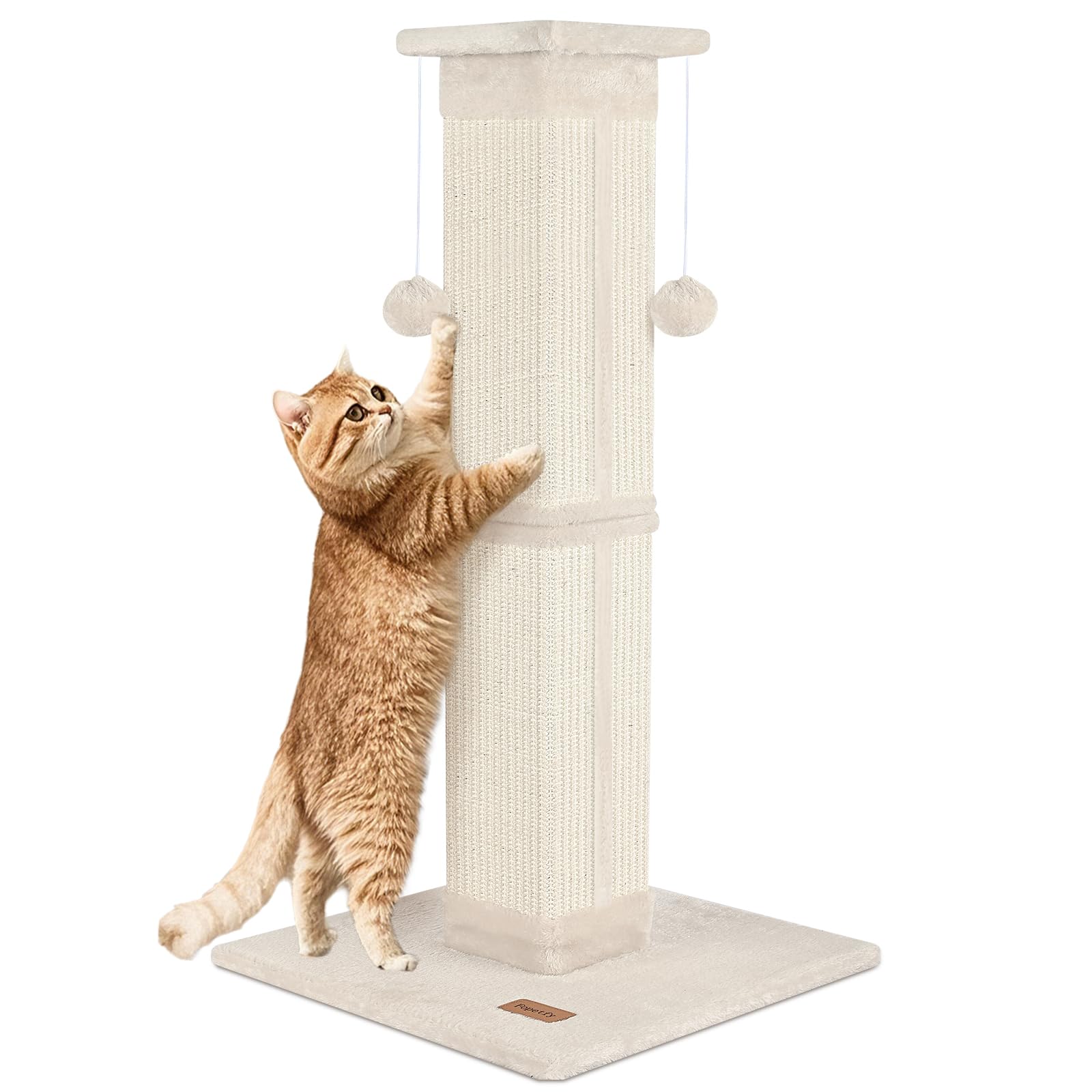 Fopetfy cat scratching post 33-inch beige for full-body stretch and furniture protection.