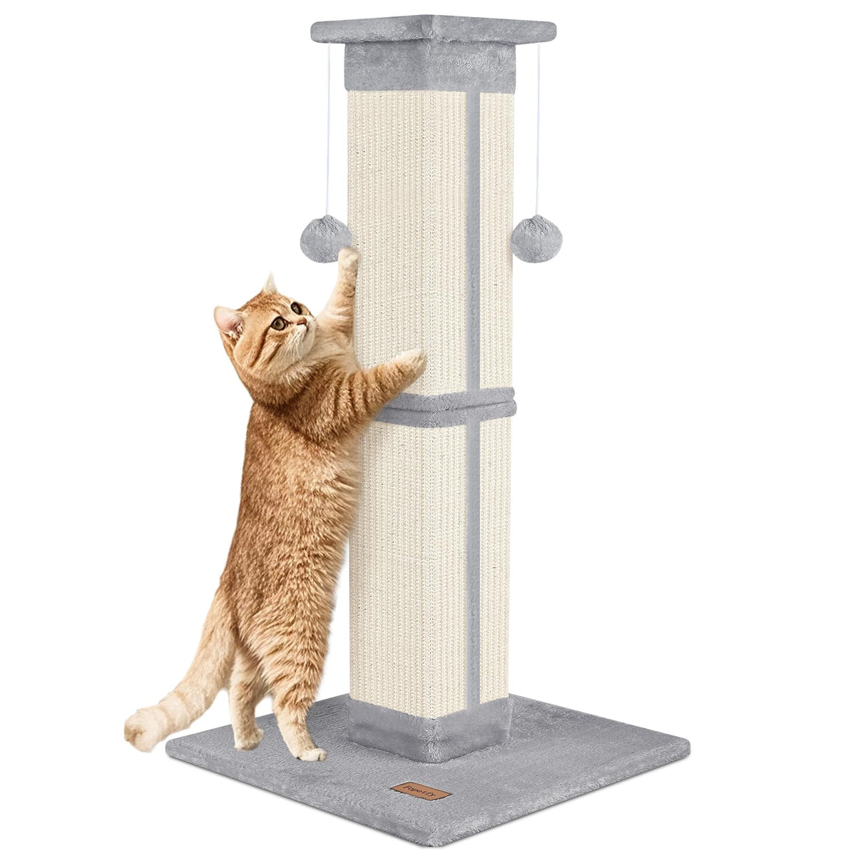 Fopetfy 33-inch grey scratching post for full-body stretch and feline exercise.