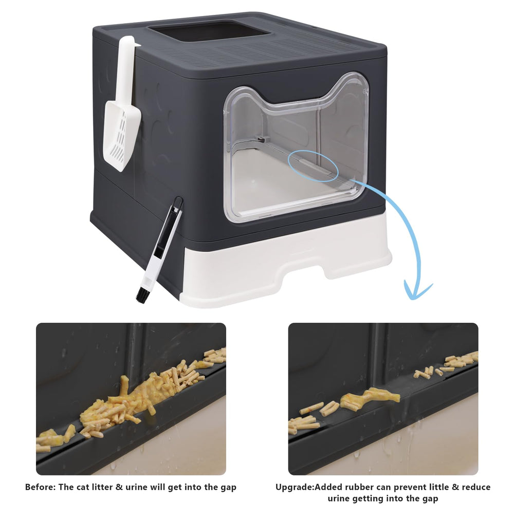 Fophop litter box features a paw-pedal design to help reduce litter scatter.