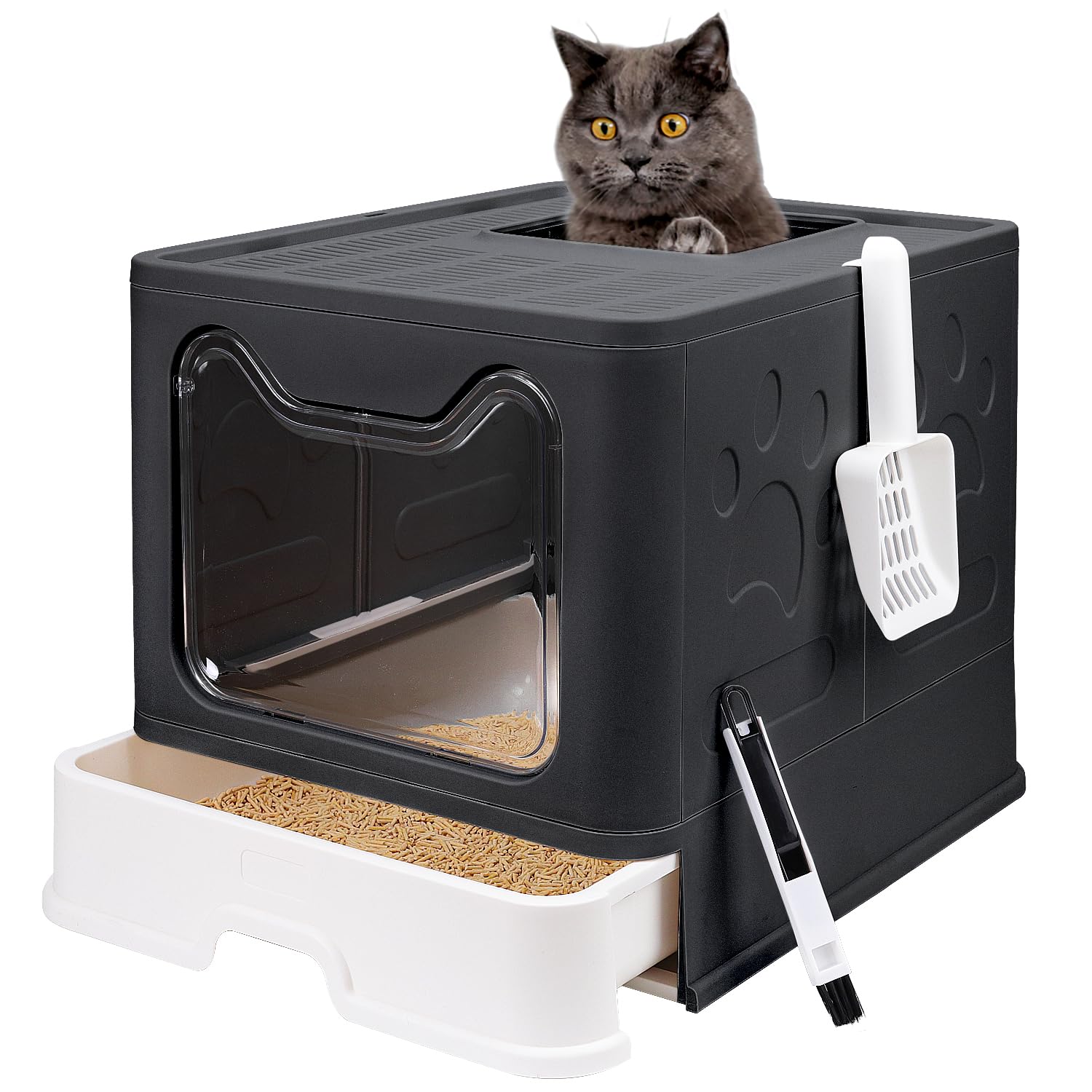 Fophop foldable cat litter box with lid in black, ideal for space-saving storage.