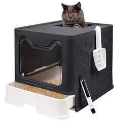 Fophop foldable cat litter box with lid in black, ideal for space-saving storage.