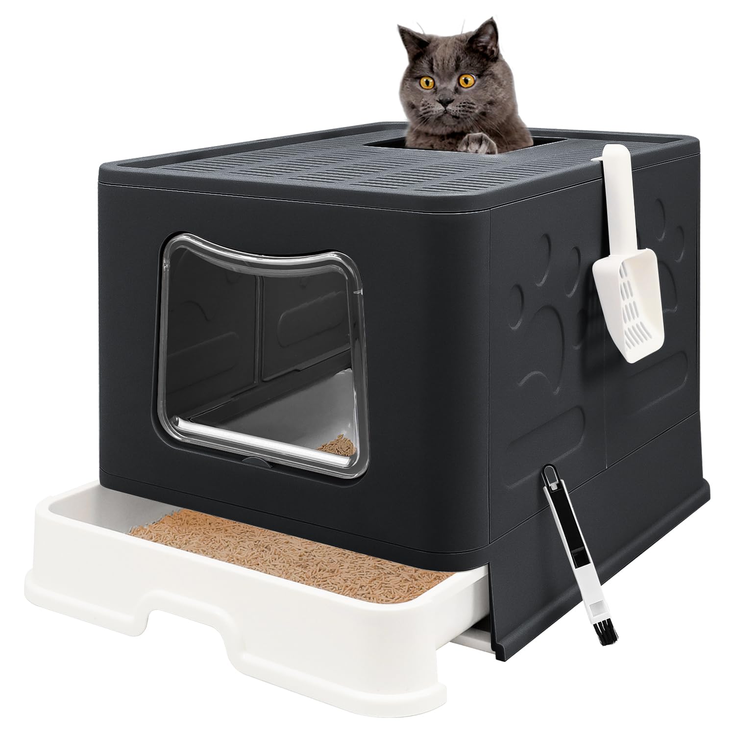 fophop XL Foldable Cat Litter Box lid front angle showing spacious interior for easy entry