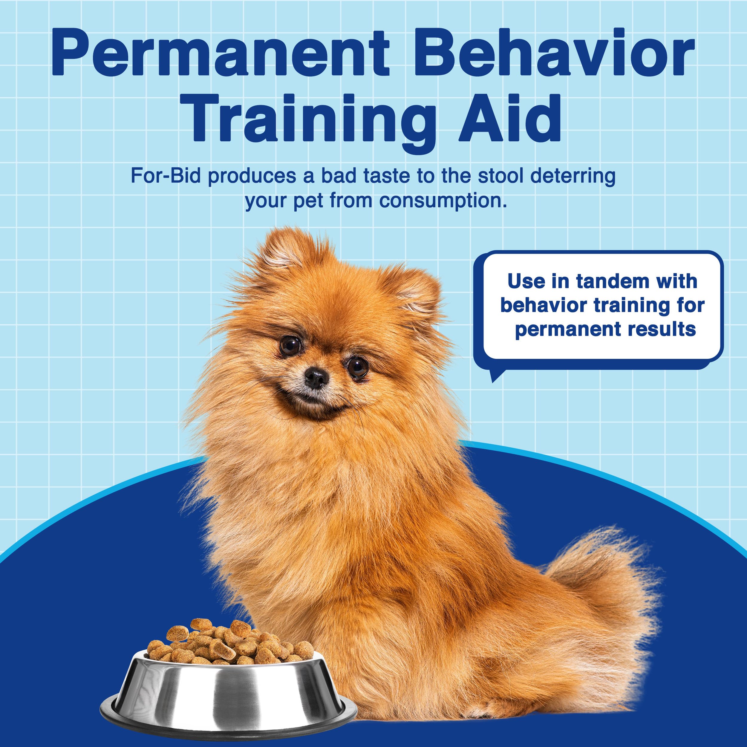 For-Bid dog-eating-stool behavior illustration, deterrent used.