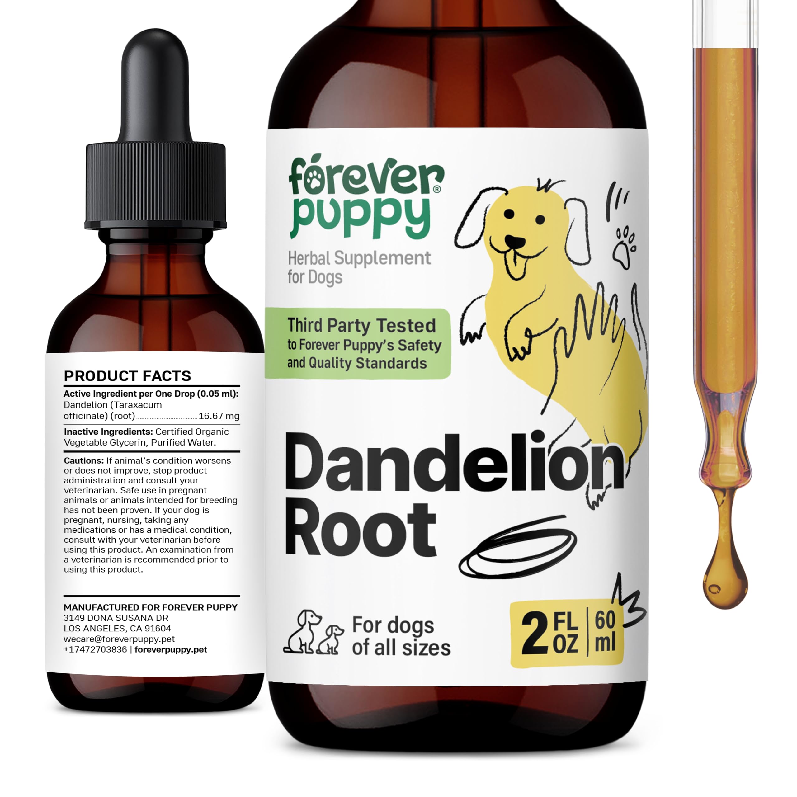 Forever Puppy Dandelion Root Drops bottle with dropper for dog liver support