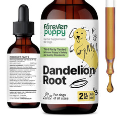 Forever Puppy Dandelion Root Drops bottle with dropper for dog liver support