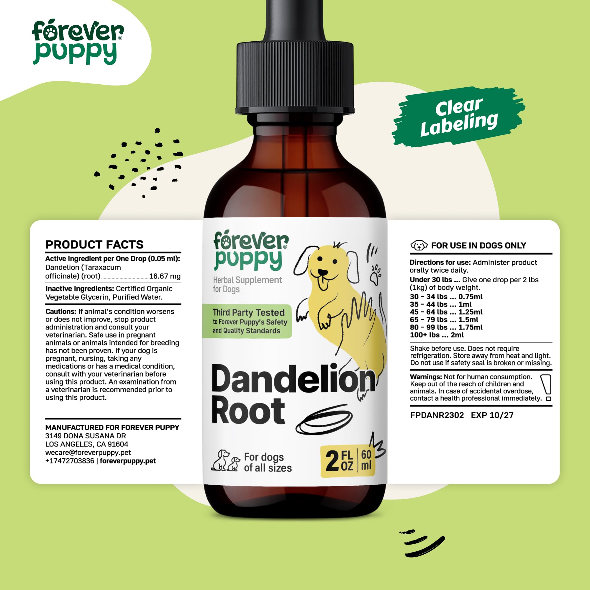 Product guide beside Forever Puppy bottle for pet owners