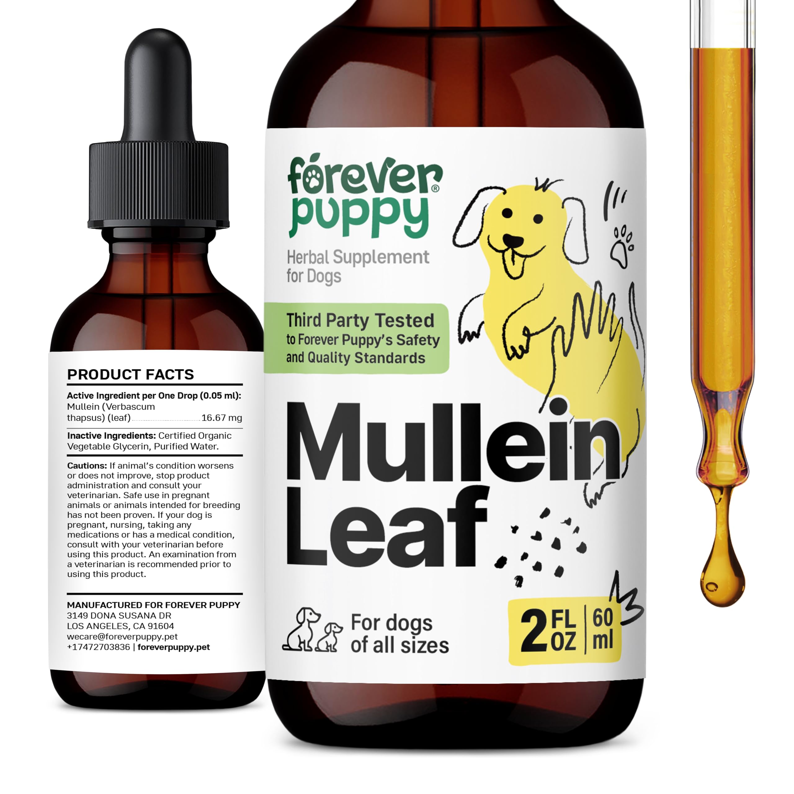 Forever Puppy Mullein tincture bottle pour supports easy breathing during daily activities