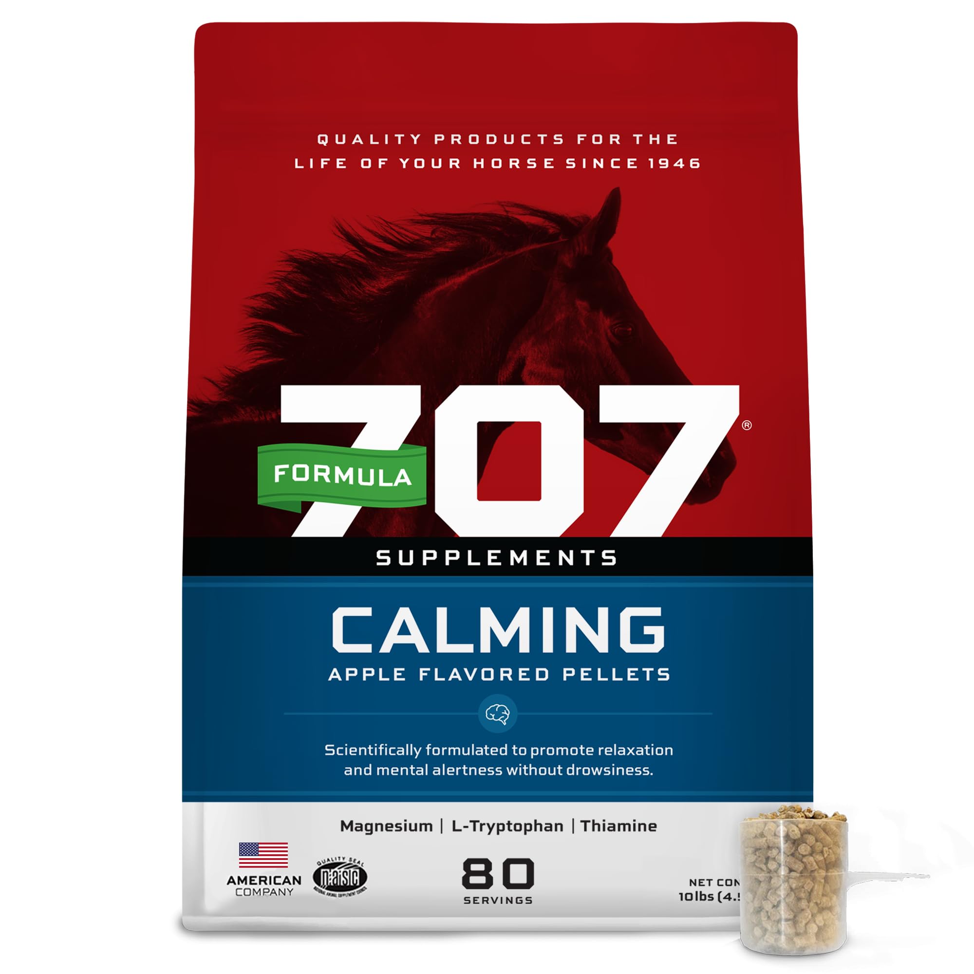 Formula 707 calms anxious horses during training; 10-lb bag.