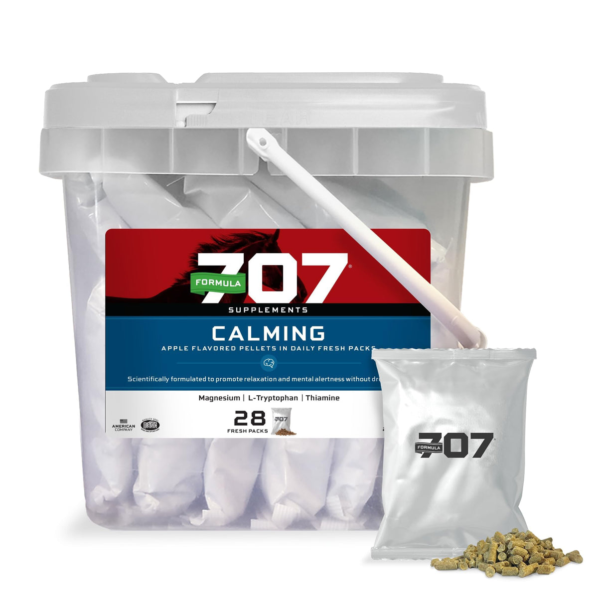 Formula 707 Calming Equine Supplement bottle front supports focused training sessions