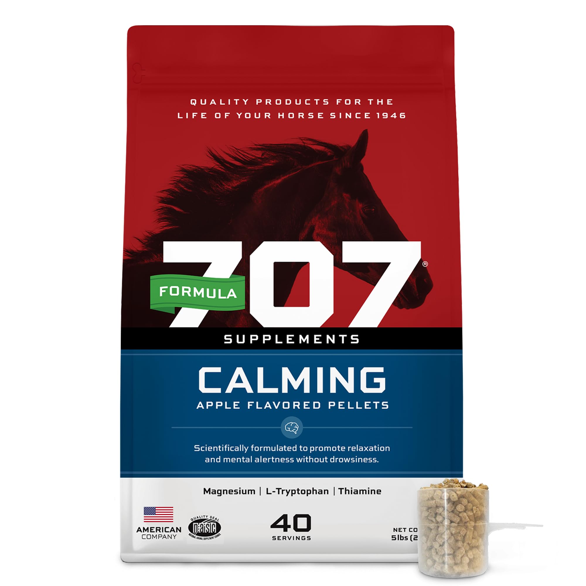 Formula 707 Calming Equine Supplement bottle with anxiety-support labeling.