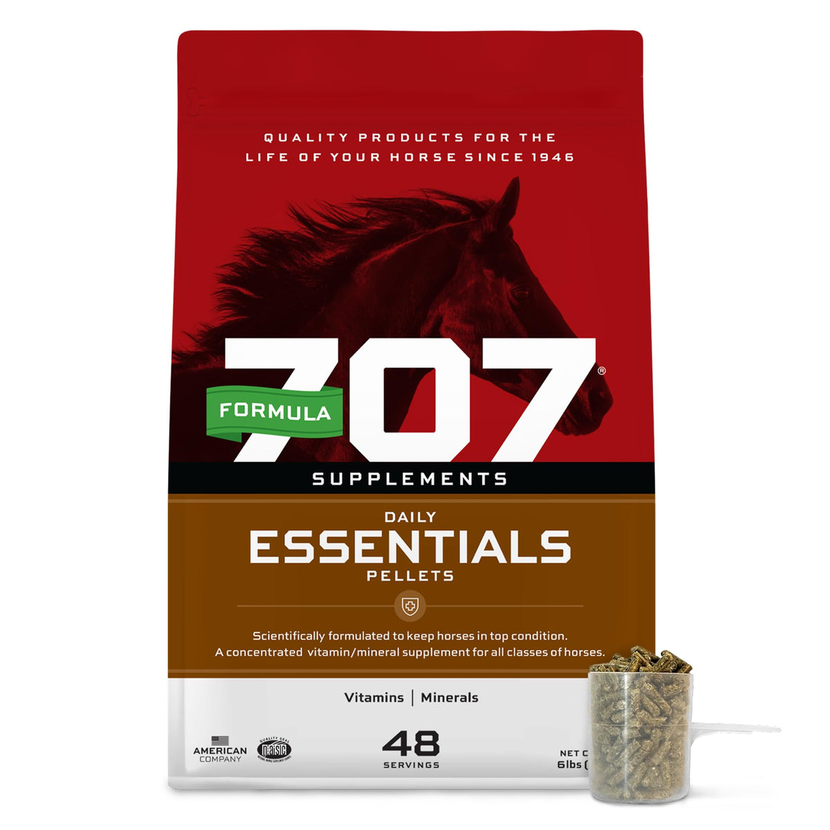 Formula 707 daily essentials 6lb bag pellets shown in a feeding scene promoting balanced nutrition.