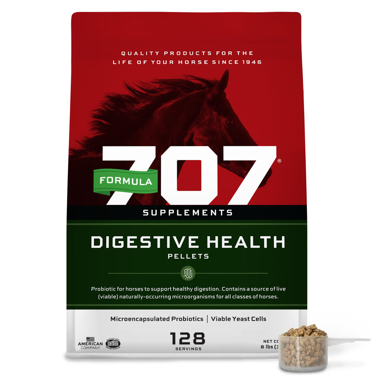 Formula 707 Digestive Health Equine pellets close-up showing probiotics and enzymes.