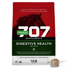 Formula 707 Digestive Health Equine pellets close-up showing probiotics and enzymes.