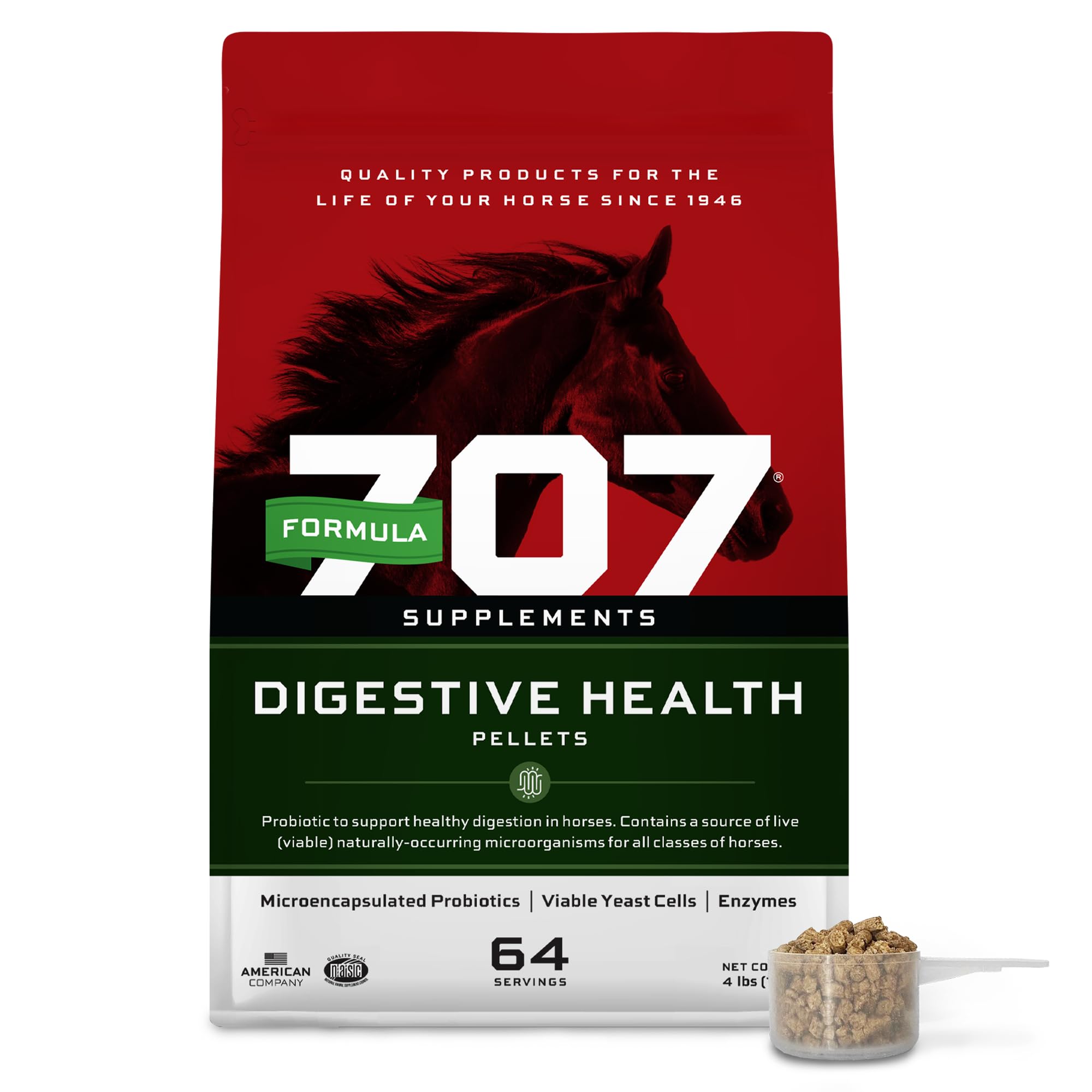 Formula 707 Digestive Health pellets bag showing easy-to-feed gut support for horses.