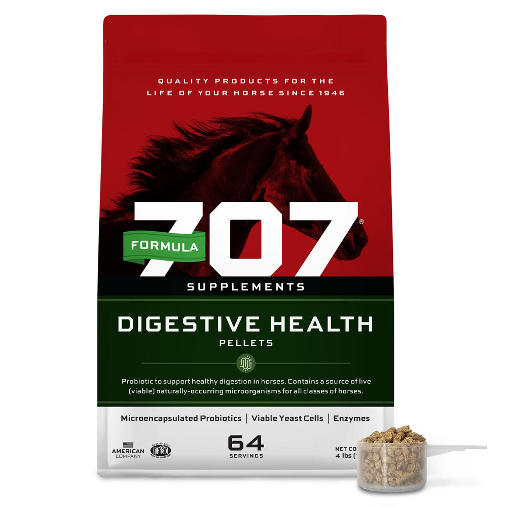 Formula 707 Digestive Health pellets bag showing easy-to-feed gut support for horses.