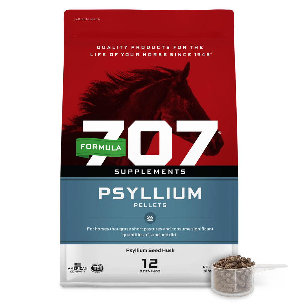 Formula 707 Psyllium Pellets packaging for easy monthly feeding.