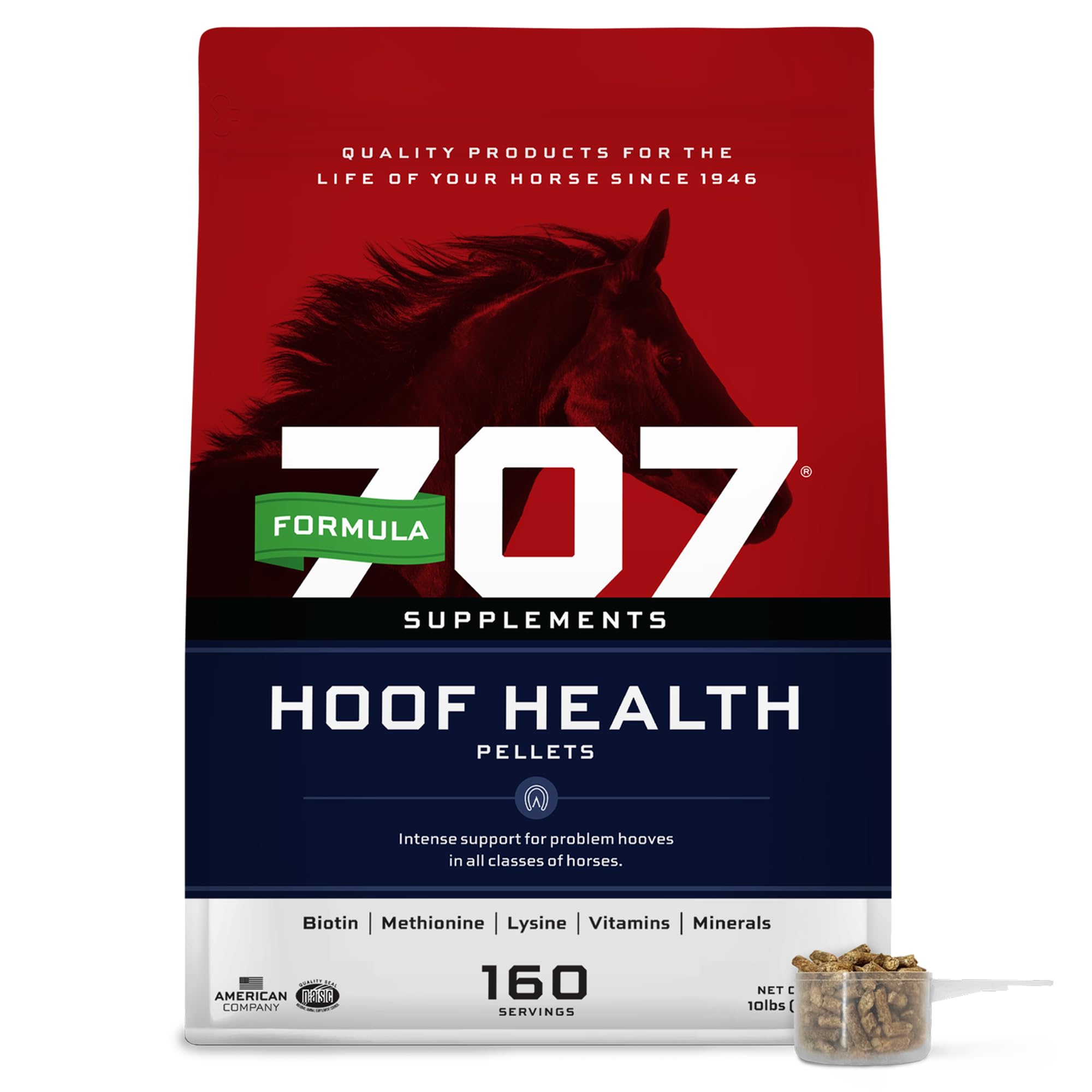 Formula 707 Hoof Health pellets in bag promote hoof growth.