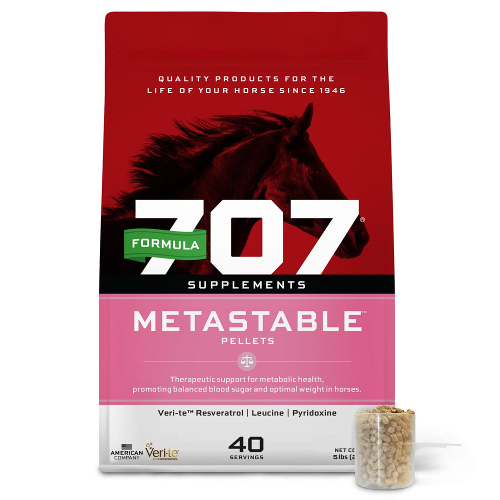 Formula 707 MetaStable pellets in a 5 lb bag support metabolic balance during daily feeding.