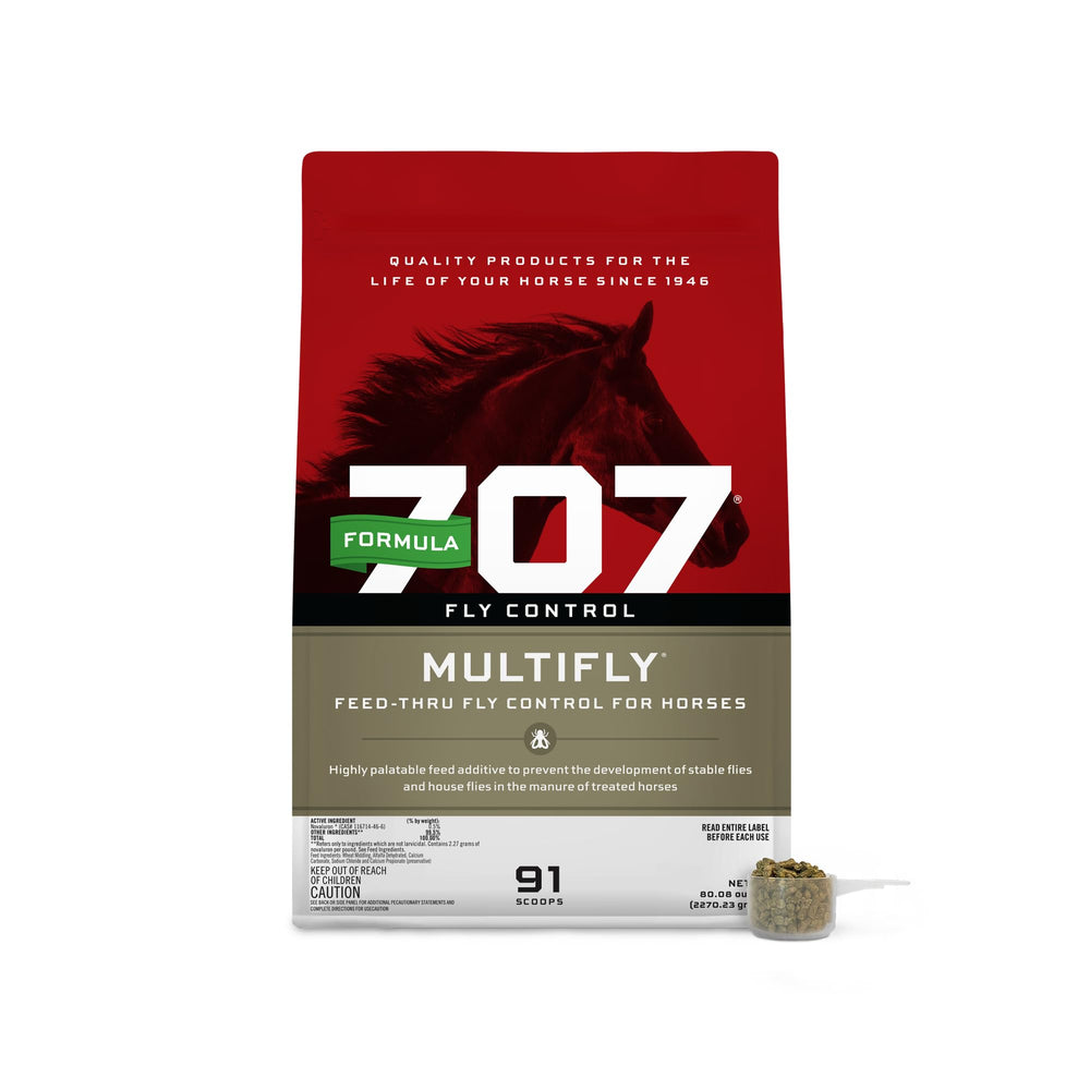 Formula 707 MultiFly pellets in bag ready for barn use to reduce flies.