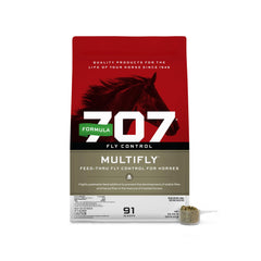 Formula 707 MultiFly pellets in bag ready for barn use to reduce flies.