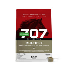 Formula 707 MultiFly pellets bag shown for easy daily feeding and fly control.