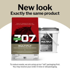 Formula 707 MultiFly pellets poured into horse feed to help manage flies.