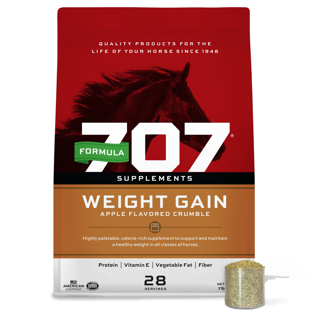 Formula 707 weight gain crumble bag front showing calorie-dense supplement for hard-kept horses