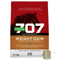 Formula 707 weight gain crumble bag front showing calorie-dense supplement for hard-kept horses